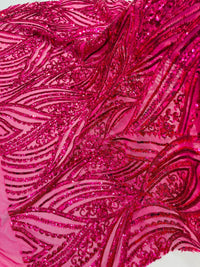 Curvy Line Design Fabric - Fuchsia - 4 Way Stretch Sequins Design Mesh Lace Fabric by Yard